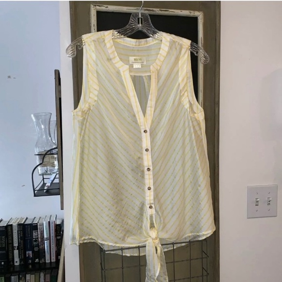 Anthropologie Maeve Yellow Stripe Sleeveless Buttondown Top Size 10 Tie Front - Picture 2 of 7